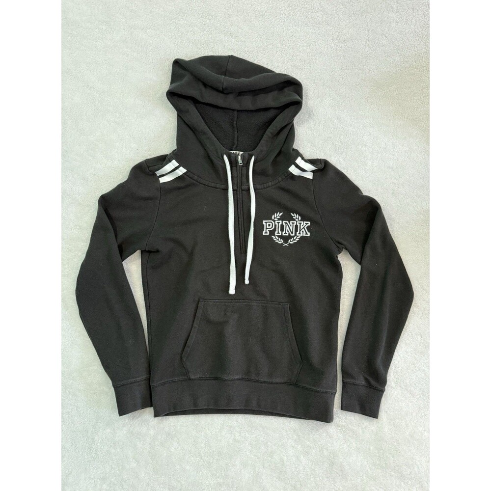 Victoria's Secret PINK Hoodie Womens M Black White Logo Sweatshirt Stripes